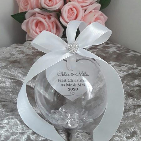 8cm Beautiful Personalised First Christmas Ornament,Mr & Mrs Bauble,First Christmas as Mr & Mrs Bauble,1st Christmas Memory Bauble, Snow Filled Bauble,Crystal Filled Bauble