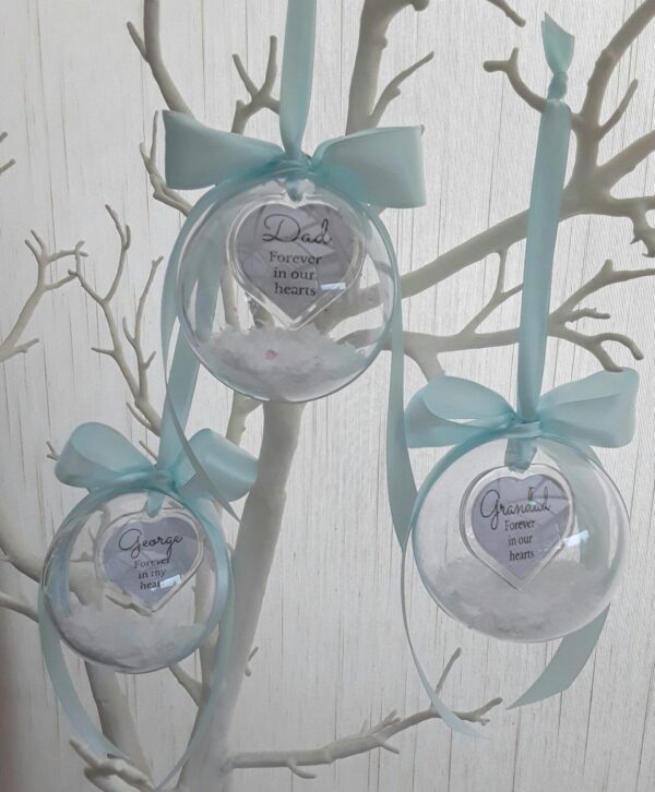8cm Beautiful Personalised Loss Bauble,Remembrance Ornament,Memory Bauble,Memorial Bauble ,Christmas Memory Ornament,Snow bauble,Hanging memory bauble