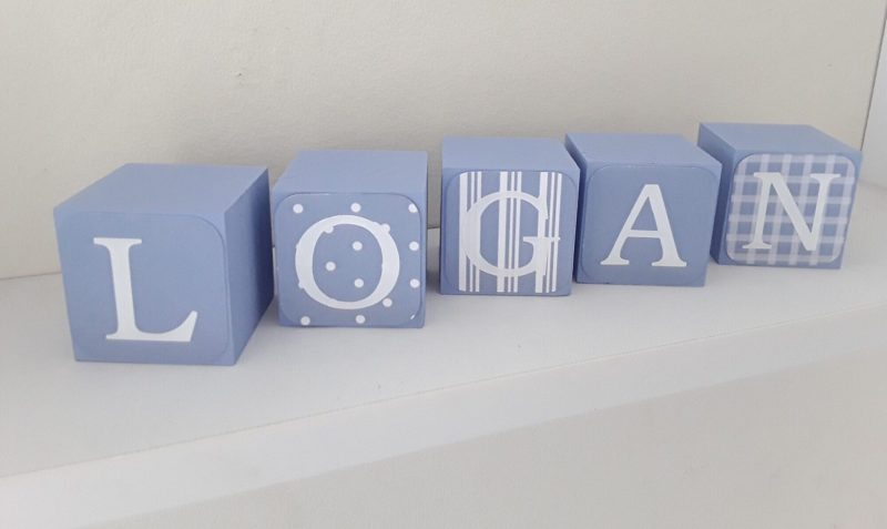 Handpainted wood baby name blocks, 6 colours, 3 block sizes