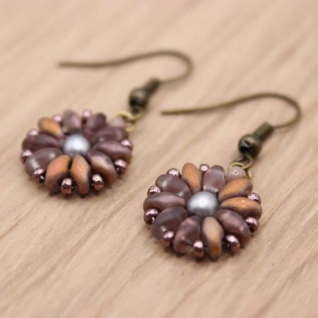 Handcrafted Beaded Mini Flower Dangle Earrings - Antique Brass