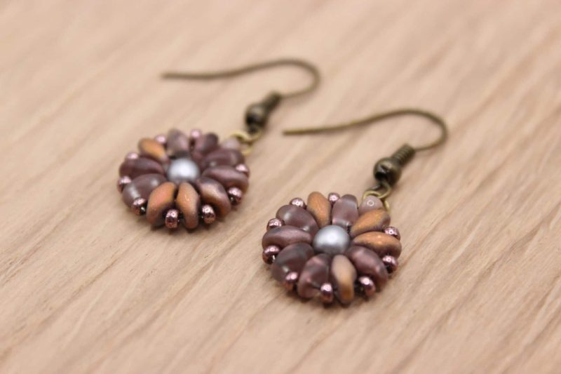 Handcrafted Beaded Mini Flower Dangle Earrings - Antique Brass
