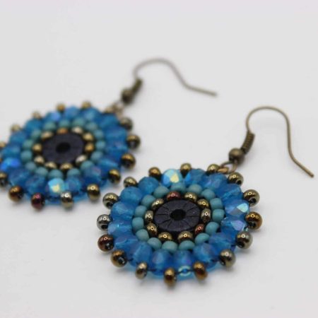 Ferris Wheel Earrings - handcrafted round dangle seed bead / beaded earrings - Blue Ice