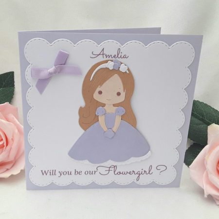 Personalised Flowergirl/Bridesmaid Card, Hair, eye and dress colour can be changed