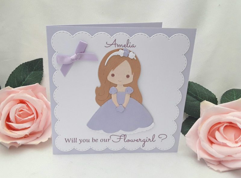 Personalised Flowergirl/Bridesmaid Card, Hair, eye and dress colour can be changed