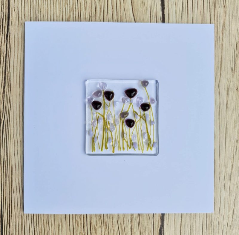 Keepsake fused glass flower bed blank cards featuring a purple flower border