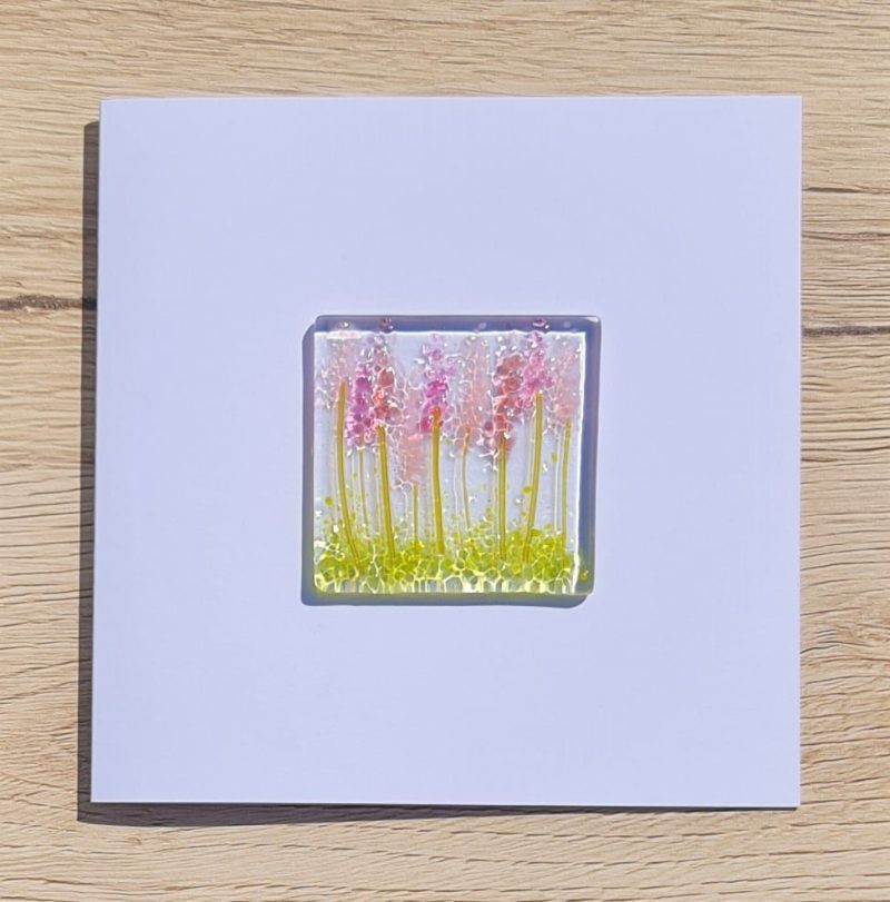 Keepsake fused glass floral blank cards featuring mixed pink lupins in a flower border.