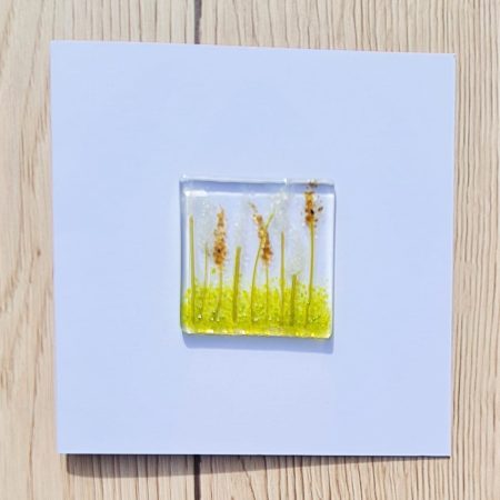 Keepsake fused glass floral blank cards featuring sepia lupins in a flower border.