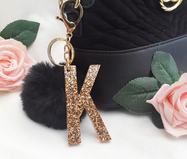 7cm Personalised resin keyring, charm, Pom pom Initial keychain, Pom pom initial bag charm