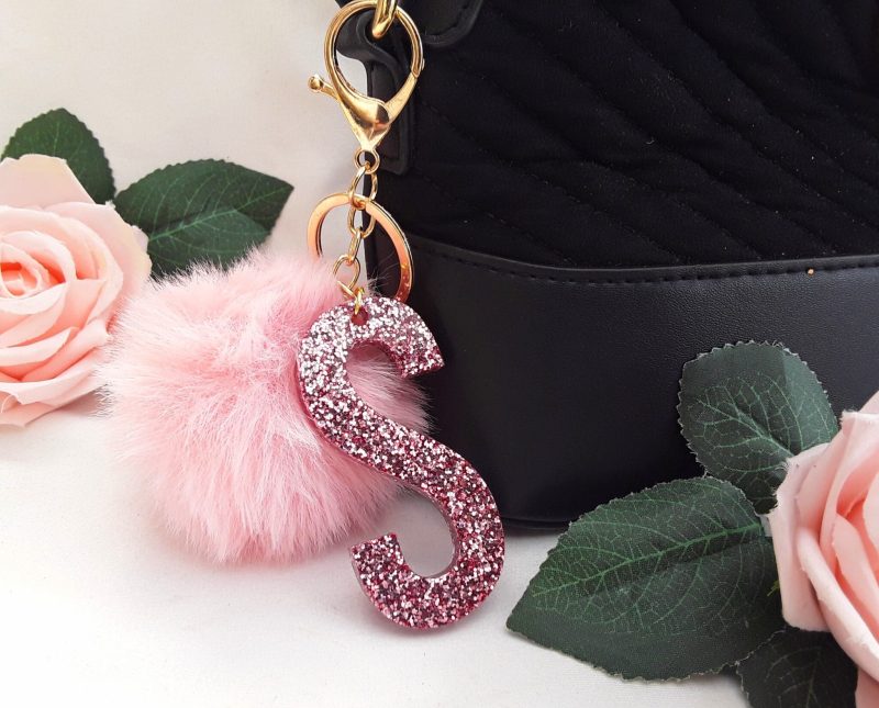 7cm Personalised resin keyring, charm, Pom pom Initial keychain, Pom pom initial bag charm