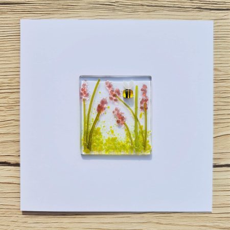 Keepsake fused glass blank card featuring coral flowers and bee