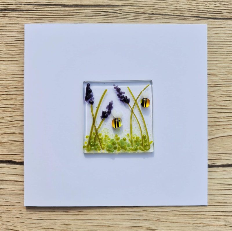Keepsake fused glass blank card featuring a pair of bees with purple flowers