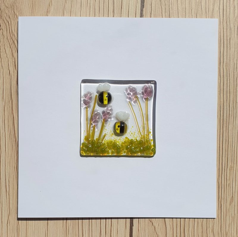Keepsake fused glass blank card featuring a bees in lavender