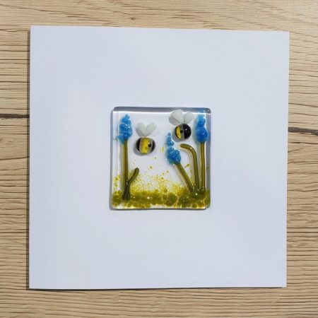 Keepsake fused glass blank card featuring bees with blue mascari flowers