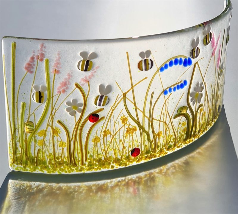 The Bee Meadow fused glass freestanding curve