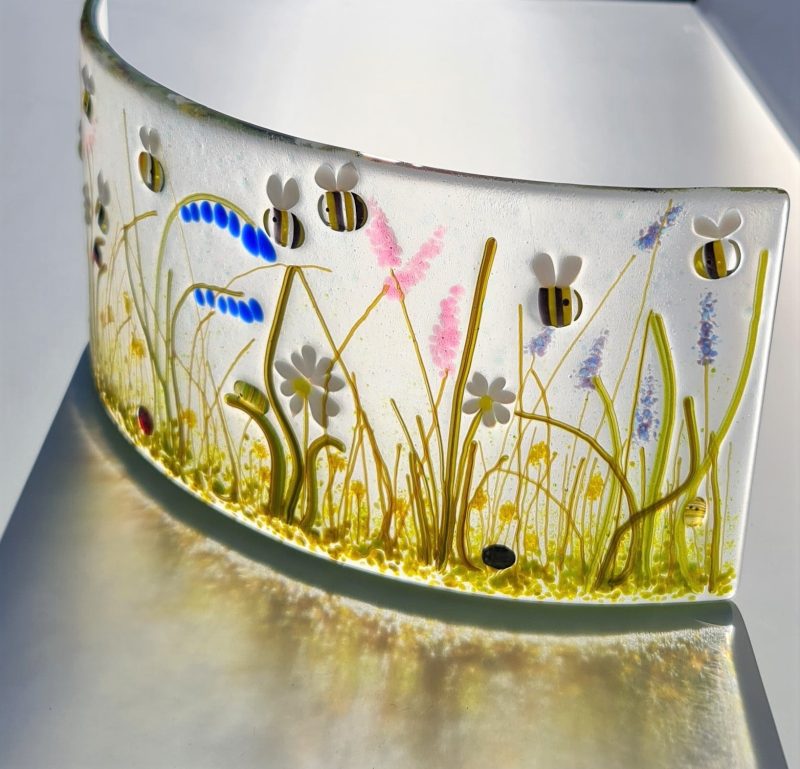 The Bee Meadow fused glass freestanding curve