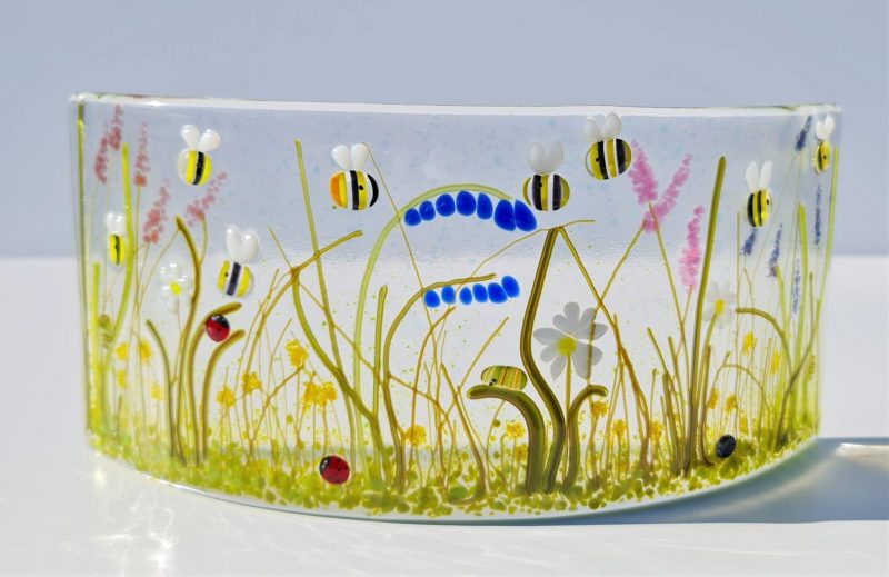 The Bee Meadow fused glass freestanding curve