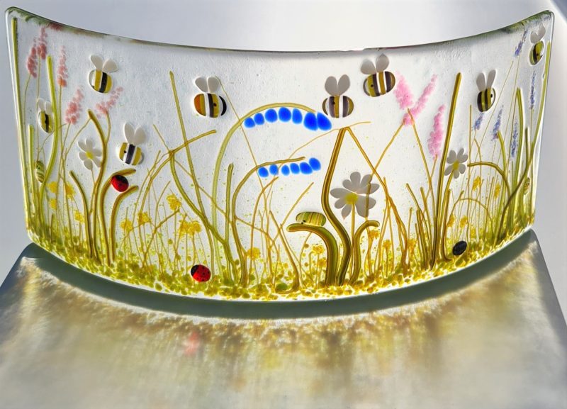 The Bee Meadow fused glass freestanding curve