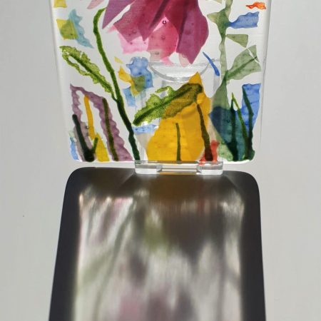 Pink Echinacea fused glass panel with handmade oak stand