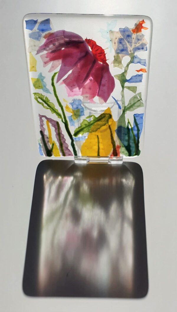 Pink Echinacea fused glass panel with handmade oak stand