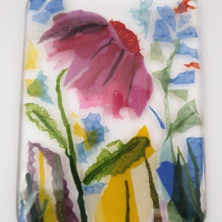 Pink Echinacea fused glass panel with handmade oak stand