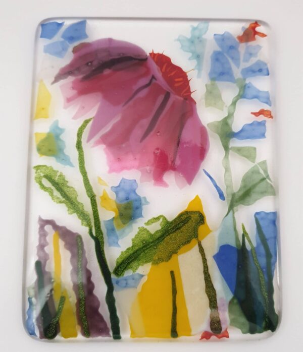 Pink Echinacea fused glass panel with handmade oak stand