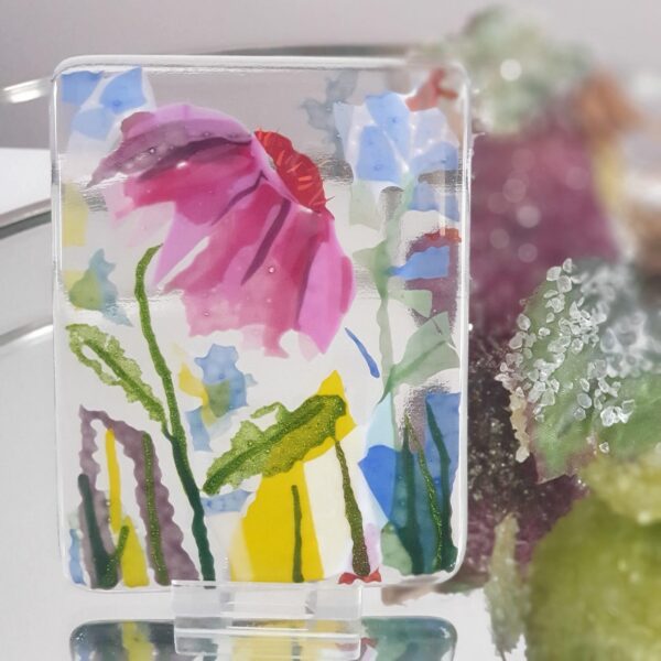 Pink Echinacea fused glass panel with handmade oak stand