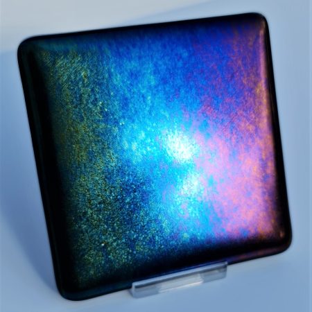Fused glass coaster rainbow iridised on black