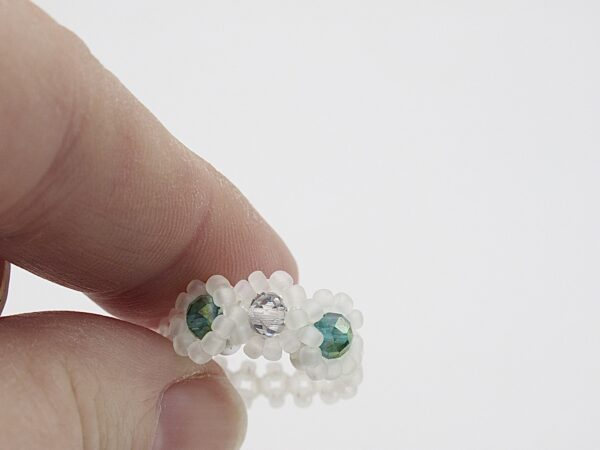 Beaded Trio Ring, Green and White Hand Beaded Ring, UK size O