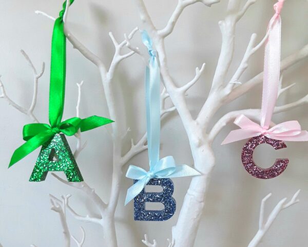 Hanging Glitter Resin Initial, Initial Tree Decoration, Letter Tree Decoration, Bauble