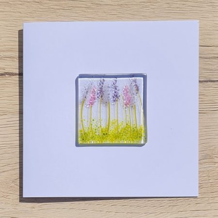Keepsake fused glass blank card featuring pink and purple lupins