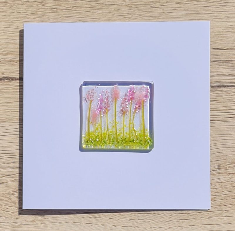Keepsake fused glass blank card featuring pink lupins