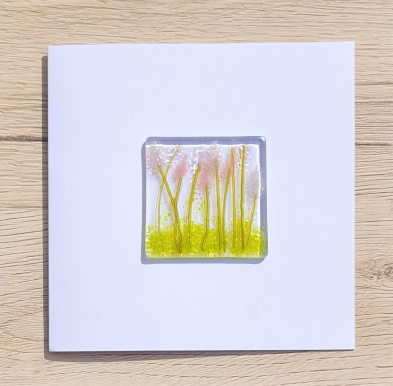 Keepsake fused glass blank card featuring pink lupins