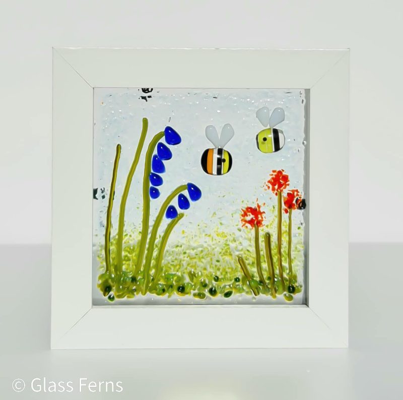 Bees in my cottage garden, framed fused glass art