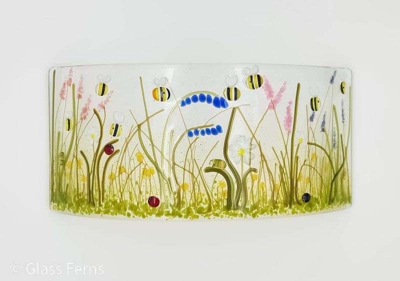 The Bee Meadow fused glass freestanding curve