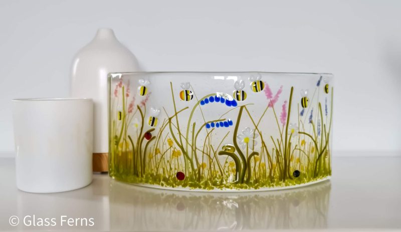 The Bee Meadow fused glass freestanding curve