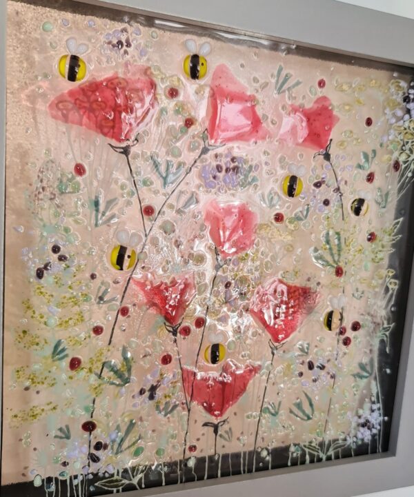Pinks and bees, framed fused glass art