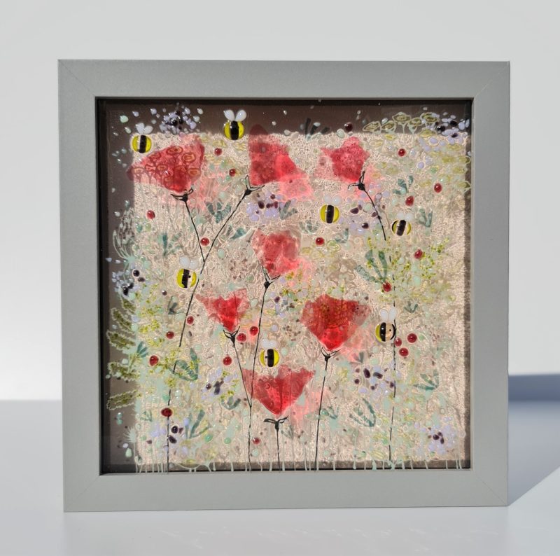 Pinks and bees, framed fused glass art