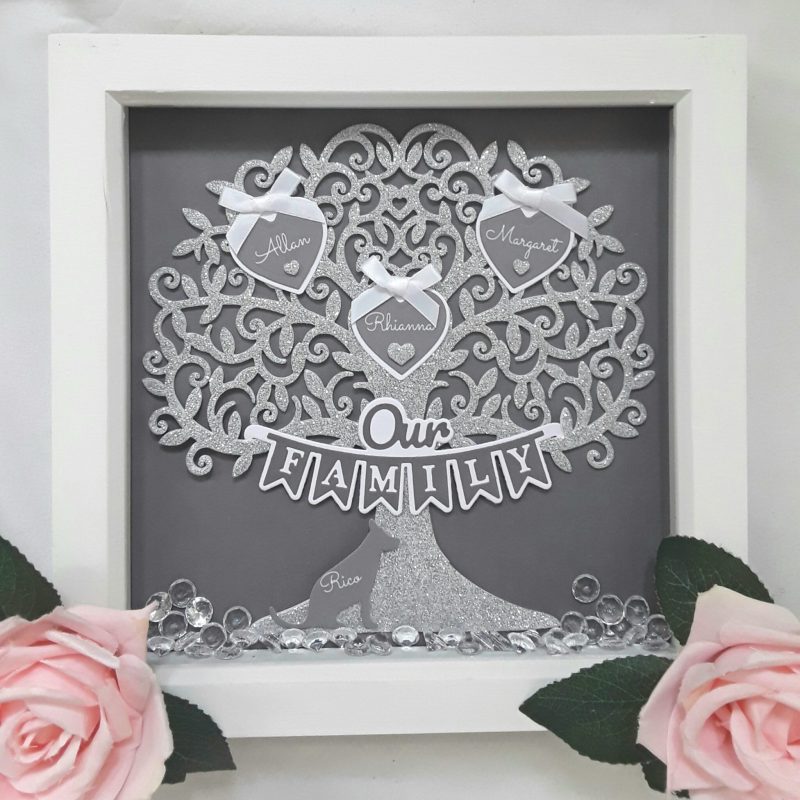 Personalised family tree box frame, new home gift, Glitter family tree frame