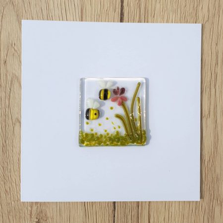Keepsake fused glass blank card featuring a bumble bee and iris