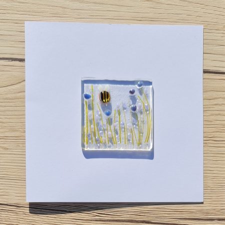 Keepsake fused glass blank card featuring a bee in a purple flower border