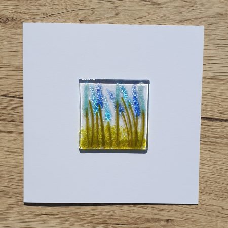Keepsake fused glass blank card featuring mixed blue lupins