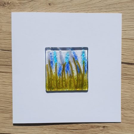 Keepsake fused glass blank card featuring cool mixed blue lupins
