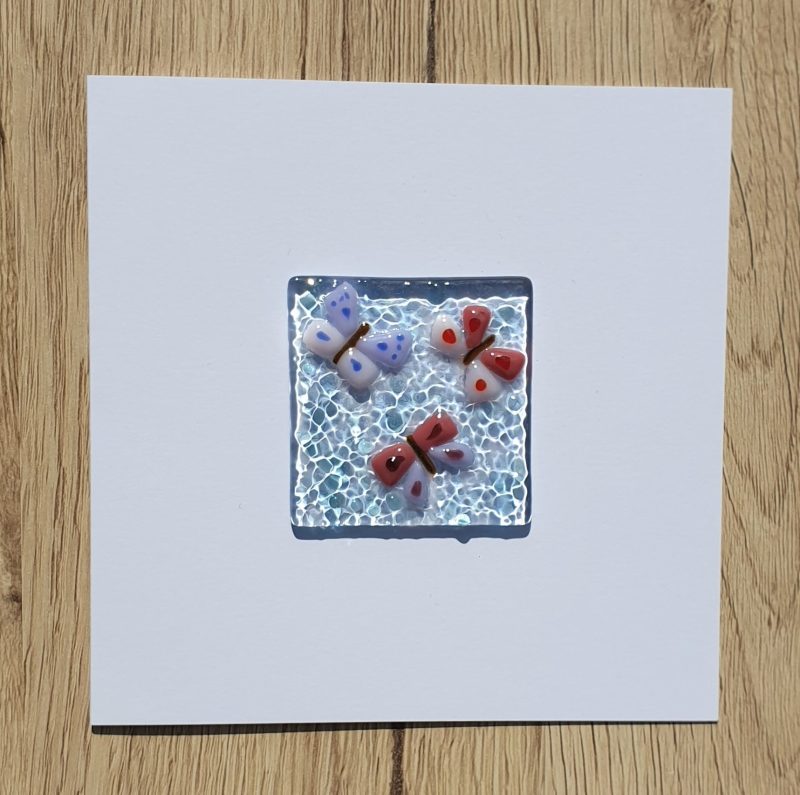 Keepsake fused glass blank card featuring a trio of butterflies