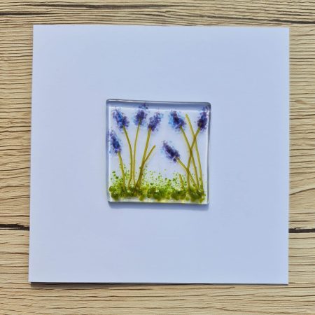 Keepsake fused glass blank card featuring purple delphinium flowers