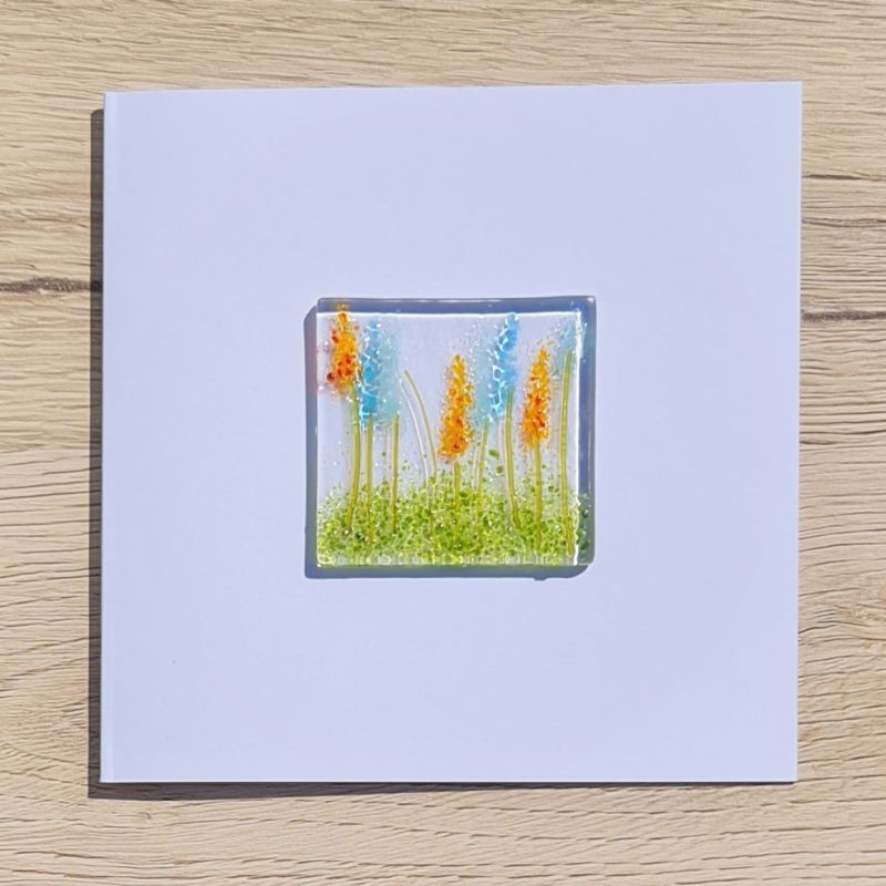 Keepsake fused glass blank card featuring orange and blue lupins