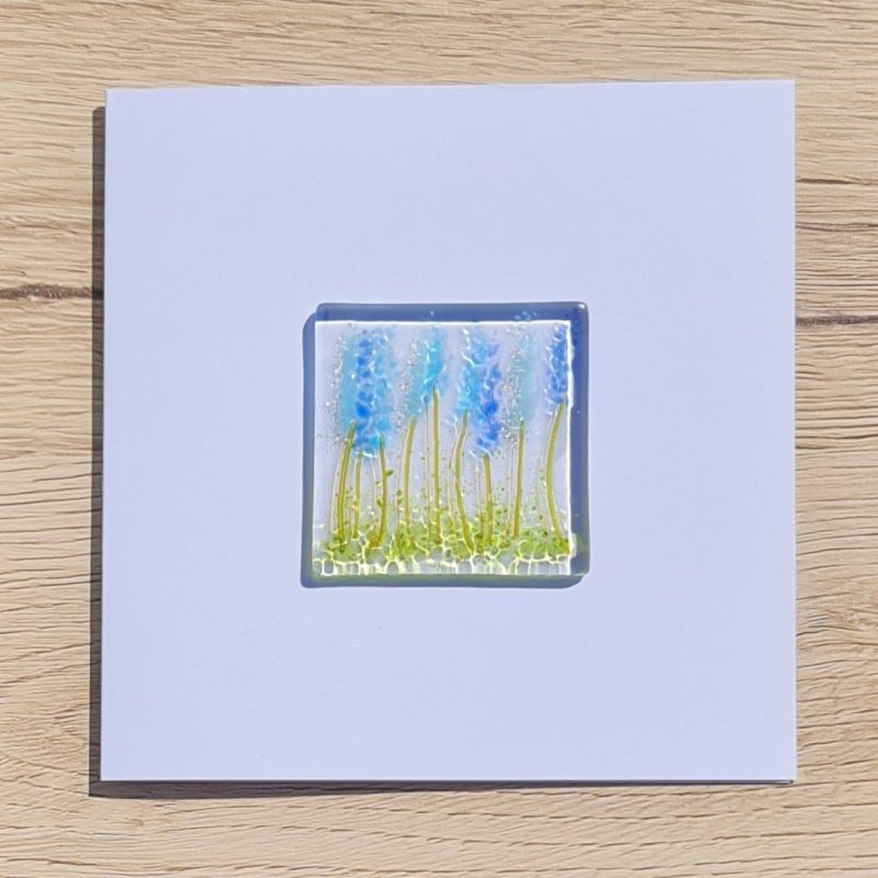 Keepsake fused glass blank card featuring mixed blue lupins
