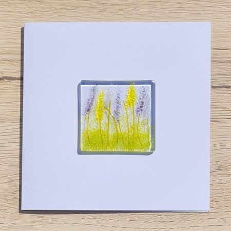 Keepsake fused glass blank card featuring yellow and purple lupins