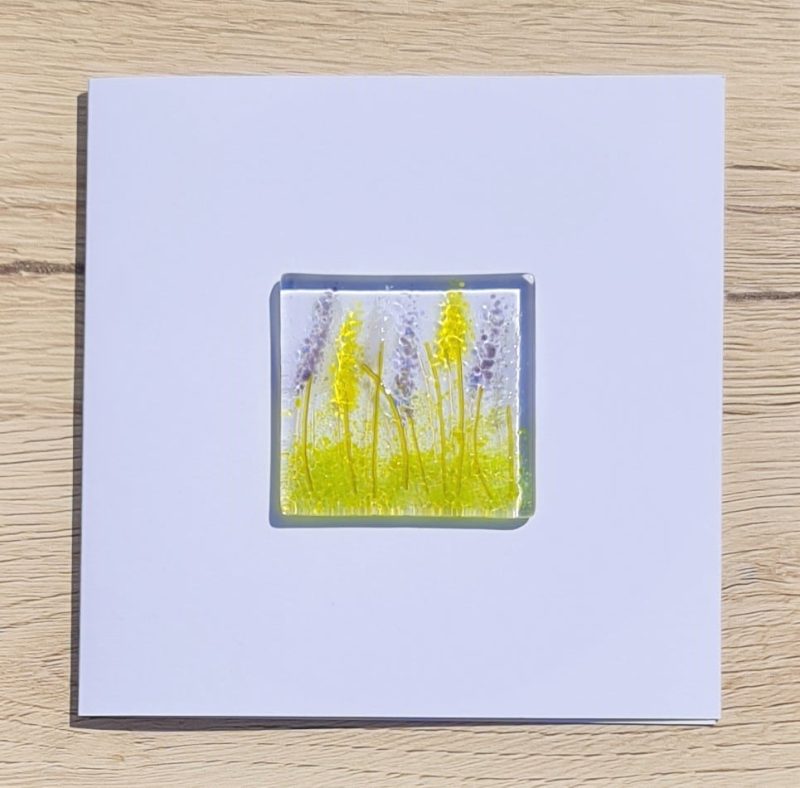 Keepsake fused glass blank card featuring yellow and purple lupins