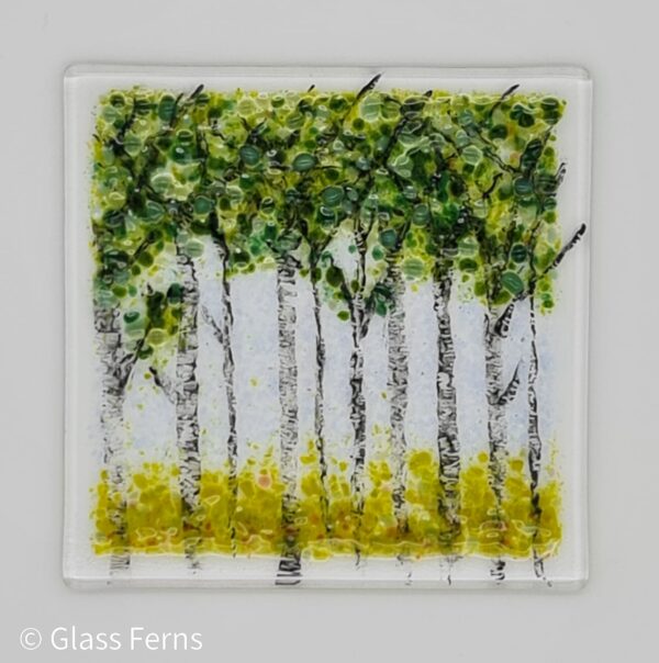 Woodland trees fused glass art panel