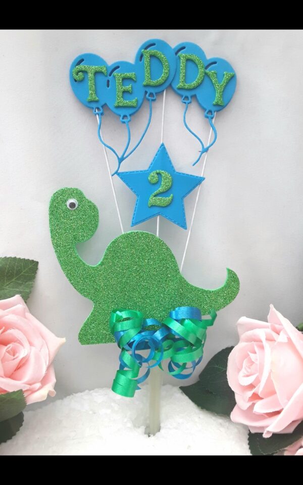 Personalised Dino Cake Topper, ANY AGE Dinosaur Cake Topper, Glitter Dino Topper